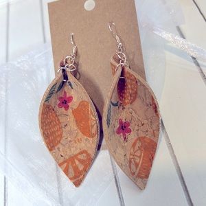 Handmade earrings. Portuguese cork leather material. 3.5”long. Fun lemon print!